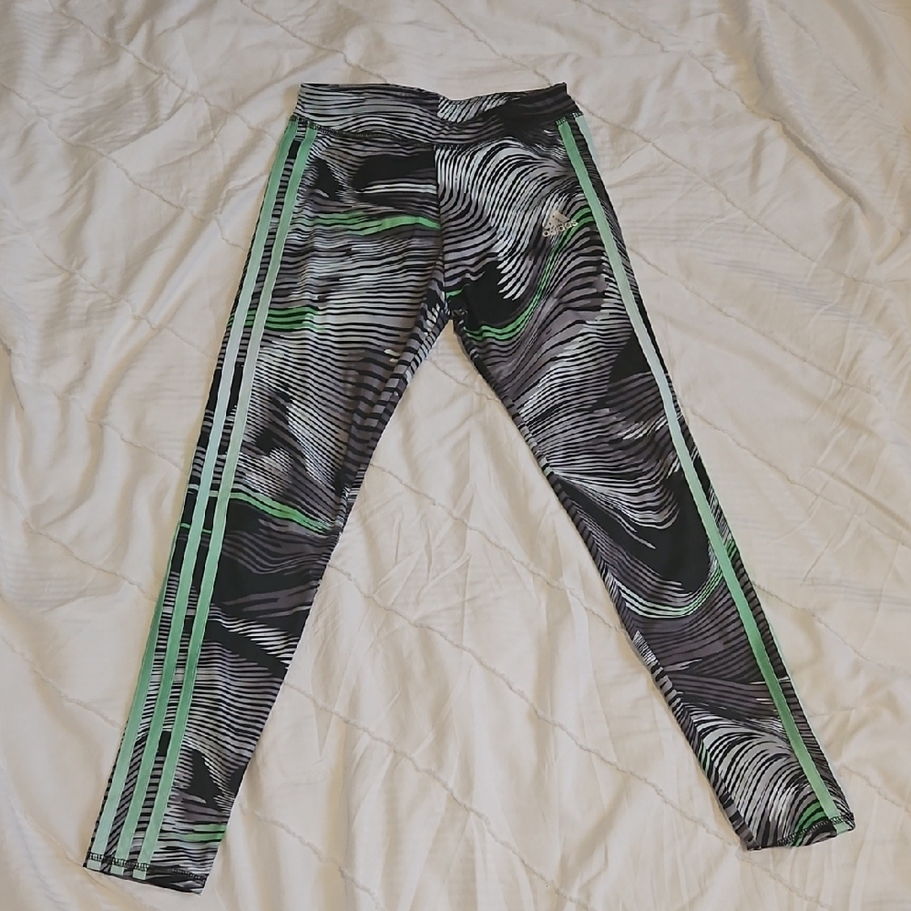 adidas Black Leggings with Green Stripes and Wave Print